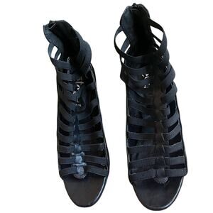 Rue21 etc Strappy Wedge 3 1/2” Heels Faux Leather Size Large 8 / 9 Black